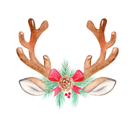 watercolor deer antler with christmas decor isolated on white backgroundの写真素材