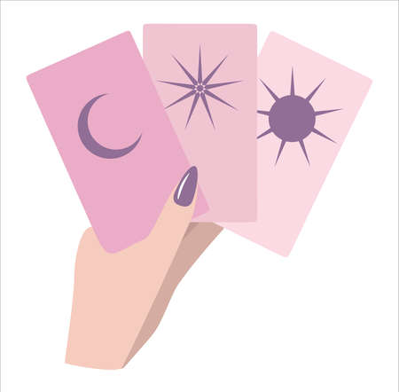 Pink tarot cards in hand vector hand drawn flat graphic isolated on white background. Purple moon, sun and star mysterious imagesのイラスト素材