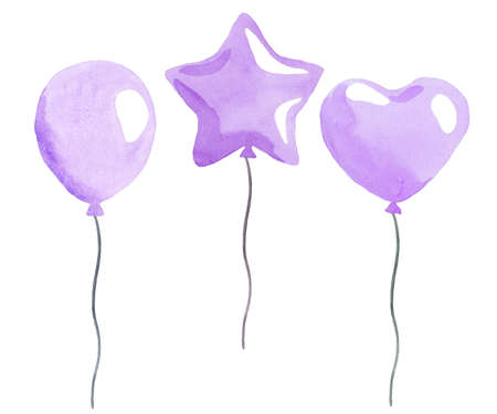 watercolor purple air balloons on white background. heart, star and ball shaped birthday balloons...