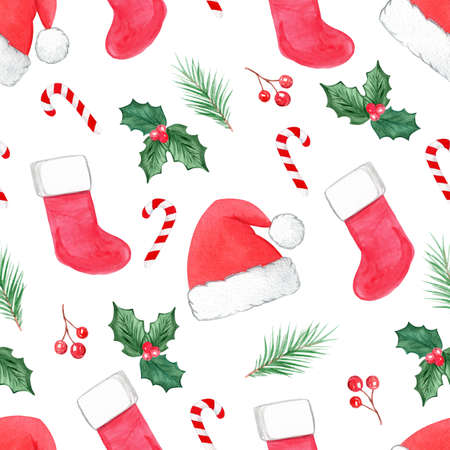 watercolor red santa hat and stocking seamless pattern on white background. Candy canes and holly...