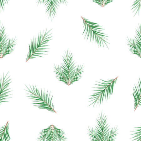 watercolor green spruce branches seamless pattern on white background. Christmas print for fabric,...