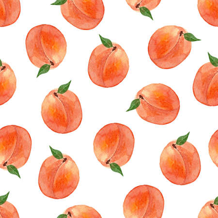 watercolor peach seamless pattern on white background. Fruity print for fabric, textile, scrapbooking, wrappingの写真素材