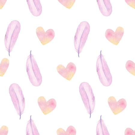 watercolor boho pink feathers and hearts seamless pattern on white background. scrapbooking and wrapping paper, valentines day textureの写真素材