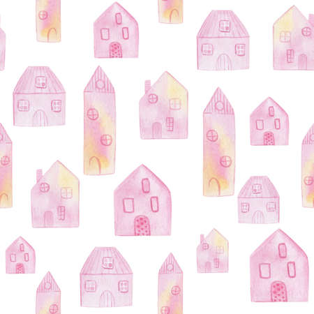 watercolor hand drawn cute pink houses seamless pattern on white background .For invitations, cards, fabric, textile, wrapping paperの写真素材
