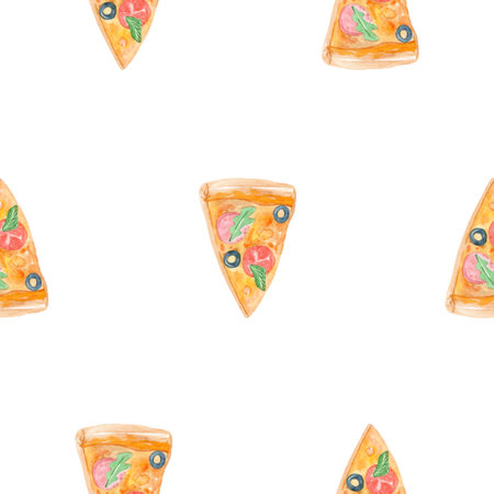 Watercolor pizza slices seamless pattern on whiteの写真素材
