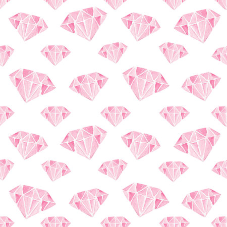 Hand drawn pink diamonds watercolor seamless pattern on white background for wrapping paper, cards, fabric textile, scrapbookingの写真素材