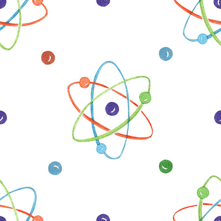Watercolor physics atomic model seamless pattern on white background. Science print for fabric, wrappingの写真素材