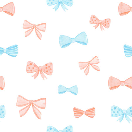 watercolor hand drawn blue and orange bows seamless pattern for fabric, wrapping and scrapbooking paper, textile, cardsの写真素材