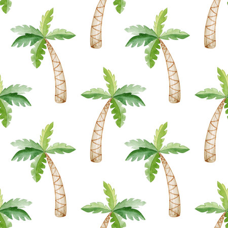 watercolor palm tree seamless pattern on white background. For fabric, textile, wrapping, wallpaper, scrapbookの写真素材