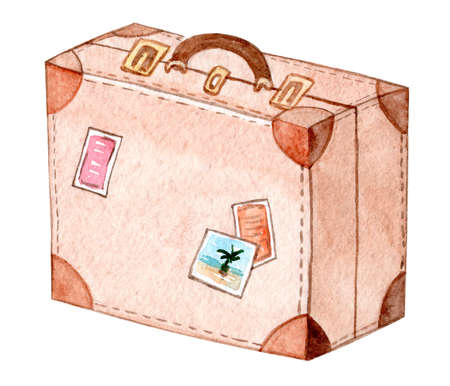 watercolor brown baggage isolated on white background. Hand drawn retro suitcase illustration.の写真素材