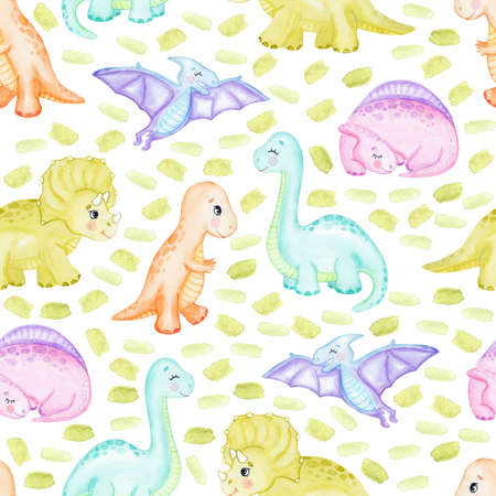 watercolor baby dinosaurs seamless patter non white green background. cute animal print for fabric, textile, wrapping, scrapbookの写真素材