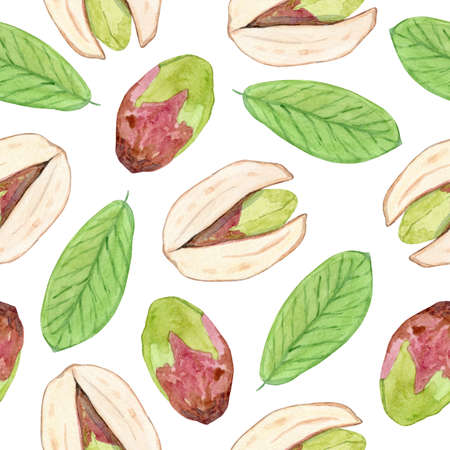 watercolor pistachio seamless pattern on white background. Nut print for fabric, wrapping, scrapbooking, wallpaperの写真素材