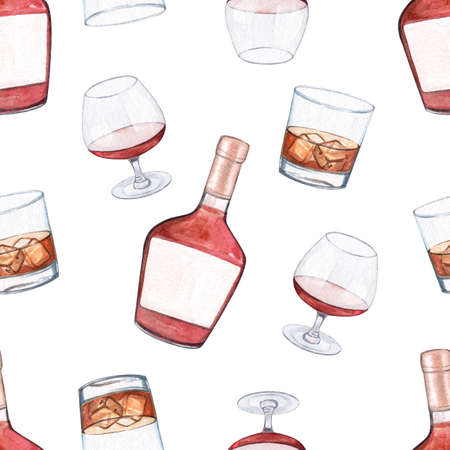 Watercolor whiskey bottles and glasses seamless pattern on white background. For fabric, wrapping, napkin, wallpaperの写真素材