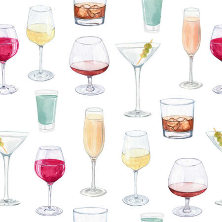watercolor cocktail glasses seamless patter non white background. Alcohol drinks print for fabric, textile, wrapping, scrapbook, wallpaperの写真素材