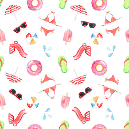 Watercolor summer resort seamless pattern on white background. Beach accessories print for fabric,...