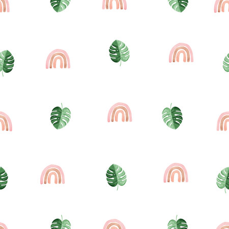 pink rainbow and green palm leaves watercolor seamless pattern on white background. Boho rainbow and monstera for fabric, textile, wrapping, scrapbooking, wallpaperの写真素材