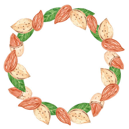 almond nut wreath isolated on white. watercolor round frameの写真素材