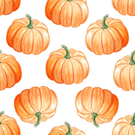 Watercolor orange pumpkins seamless pattern on white background. For fabric, textile, wrapping, scrapbookingの写真素材