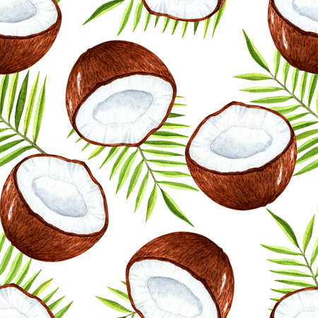 watercolor coconut and tropical leaves seamless pattern on white background. Summer print for fabric, wrapping, wallpaperの写真素材