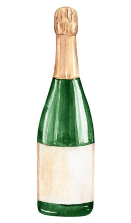 Watercolor champagne green bottle isolated on white background. Hand drawn wine package illustrationの写真素材