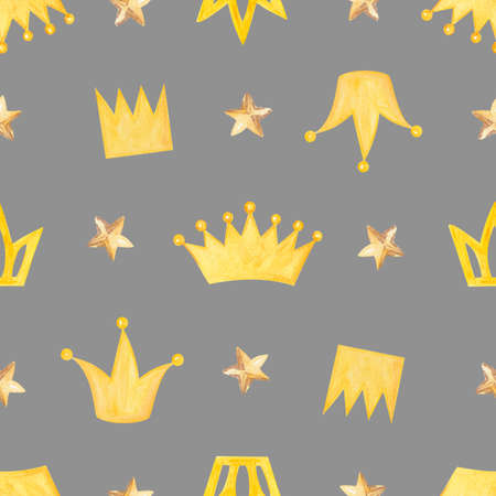 Watercolor yellow crowns and stars seamless pattern on gray background. For baby fabric, textile, wrapping, scrapbooking, wallpaperの写真素材