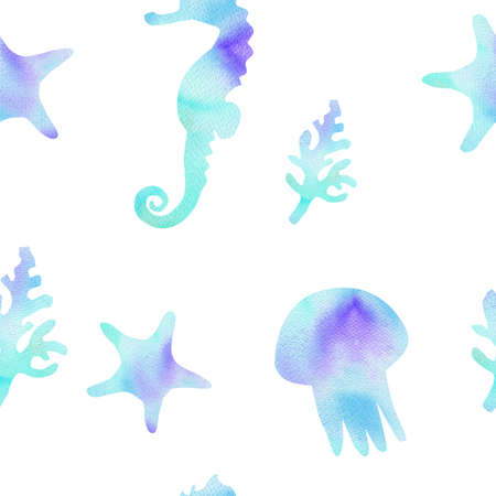 watercolor blue seahorse and jellyfish seamless pattern on white background for fabric,textile,wrapping,scrapbooking. underwater life. ocean animalsの写真素材