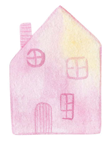 watercolor hand drawn cute pink house isolated on white backgroundの写真素材