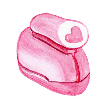 watercolor hole puncher illustration isolated on white background. Pink heart stamp tool for scrapbookの写真素材