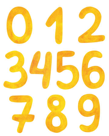watercolor gold numbers set isolated on white background. Yellow hand drawn digits