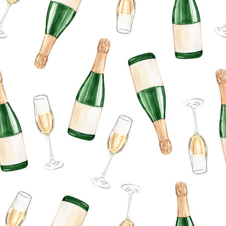 Watercolor champagne seamless pattern on white background. Wine bottles and glasses print for wrapping, wallpaper, fabricの写真素材