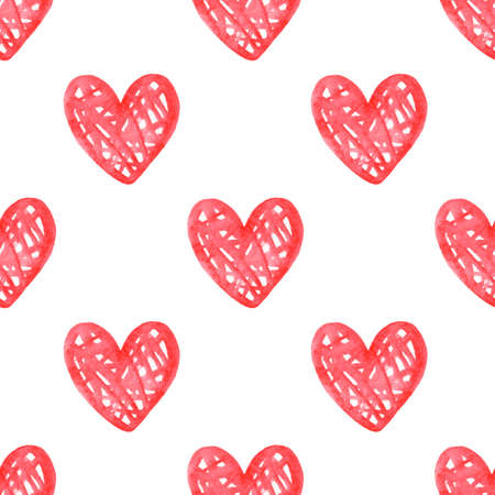 Red hearts seamless pattern on white background. Watercolor hand drawn valentine's day print