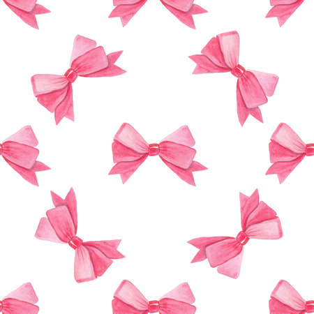 Watercolor pink bow seamless pattern on white backgroundの写真素材