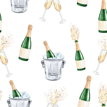 Watercolor champagne glass and bottle seamless pattern on white backgroundの写真素材