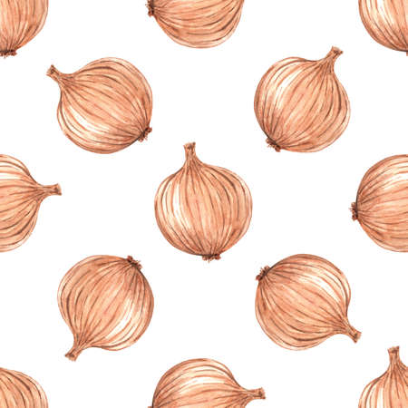 Watercolor brown onion seamless pattern on white background. Hand drawn vegetable print for fabric, textile, wrapping, wallpaperの写真素材