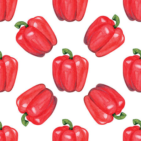 Watercolor red pepper seamless pattern on white background. Hand drawn vegetable print for fabric, textile, wrapping, wallpaperの写真素材