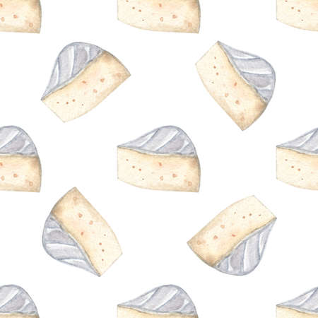 Watercolor brie cheese seamless pattern on white background. Hand drawn food print for fabric, textile, wrapping, wallpaperの写真素材