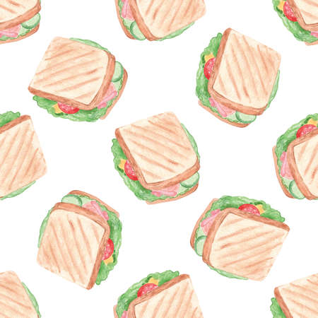 Watercolor sandwich seamless pattern on white background. Hand drawn food print for fabric, textile, wrapping, wallpaperの写真素材
