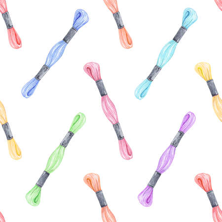 Watercolor mouline threads seamless pattern on white background. Stitch for embroideryの写真素材