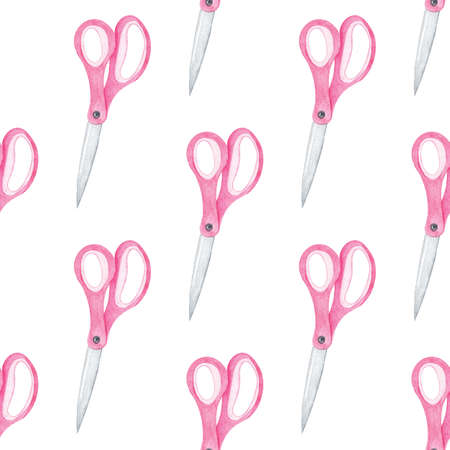 Watercolor pink scissors seamless pattern on white background. Hand drawn print for fabric, textile, wrapping, wallpaperの写真素材