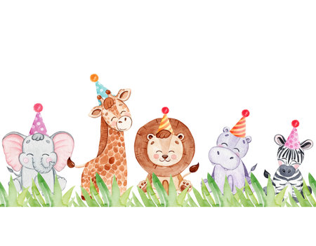 Watercolor birthday animal border isolated on white background. Lion, elephant, zebra in party hats sitting in grass hand drawn illustrationの写真素材