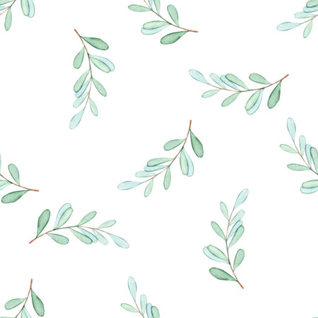 Watercolor green branches seamless pattern on white background. Botany print for wrapping, fabric, textile, scrapbooking, wallpaperの写真素材