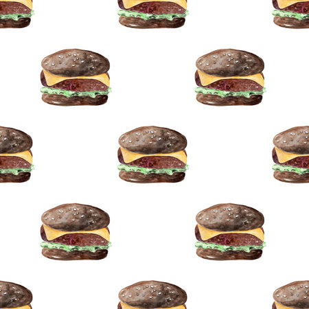 watercolor black hamburger seamless pattern on white background. Food print for wallpapers, wrapping, fabric, scrapbooking paperの写真素材