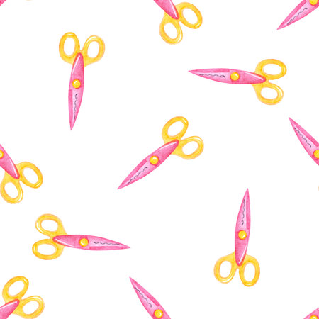 Watercolor pink scissors seamless pattern on white background. craft tools printの写真素材