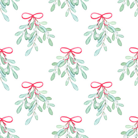 Watercolor mistletoe branches seamless pattern on white backgroundの写真素材