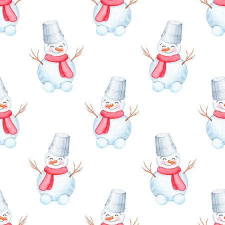Watercolor snowman seamless pattern on white background. Christmas wrapping, fabric, winter printの写真素材