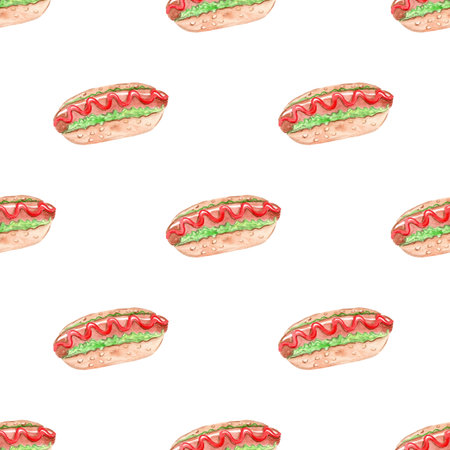 Hot dog watercolor seamless pattern on white background. Food print for wallpapers, wrapping, fabric, scrapbooking paperの写真素材