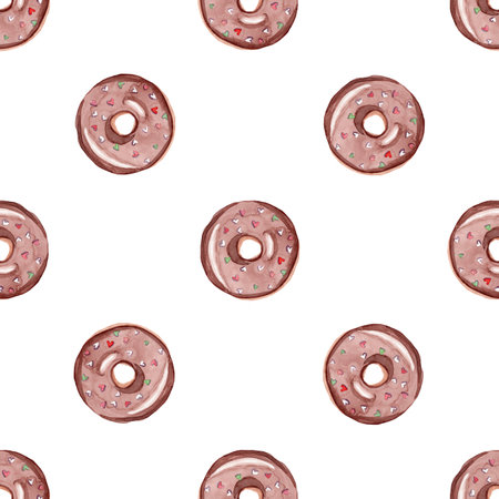 watercolor chocolate donuts seamless pattern on white background. Dessert print for wallpapers, wrapping, fabric, scrapbooking paperの写真素材