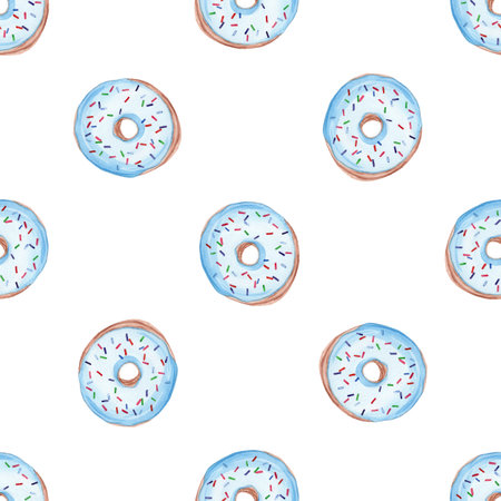 watercolor blue donuts seamless pattern on white background. Dessert print for wallpapers, wrapping, fabric, scrapbooking paperの写真素材
