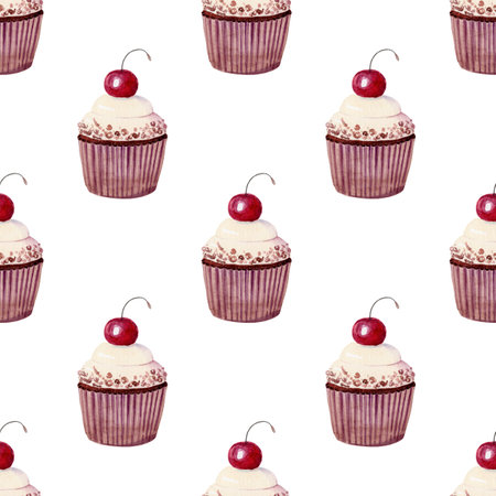 watercolor cherry cupcakes seamless pattern on white background. Cake print for wallpapers, wrapping, fabric, scrapbooking paperの写真素材