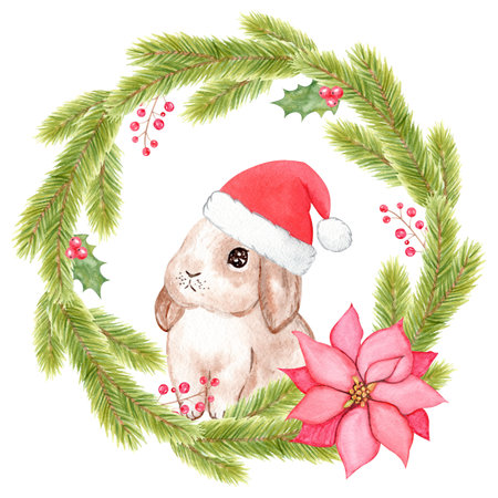 Watercolor christmas rabbit in fir wreath isolated on white background. Bunny in santa hat with poinsettia decorationの写真素材